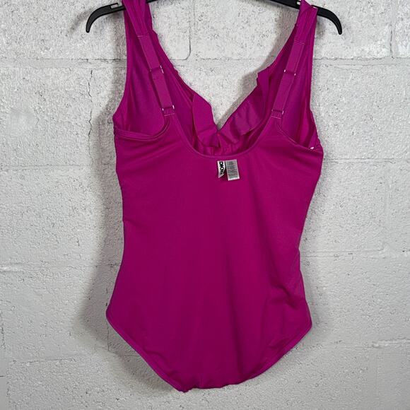 DKNY Ruffle Plunge Underwire Tummy Control One-Piece Swimsuit PINK XXL - Picture 7 of 12